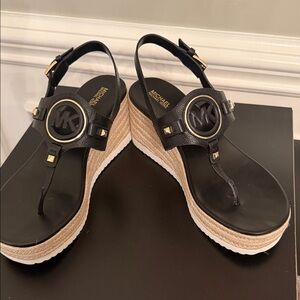 Michael Kors Black and Tan Wedge Sandals
